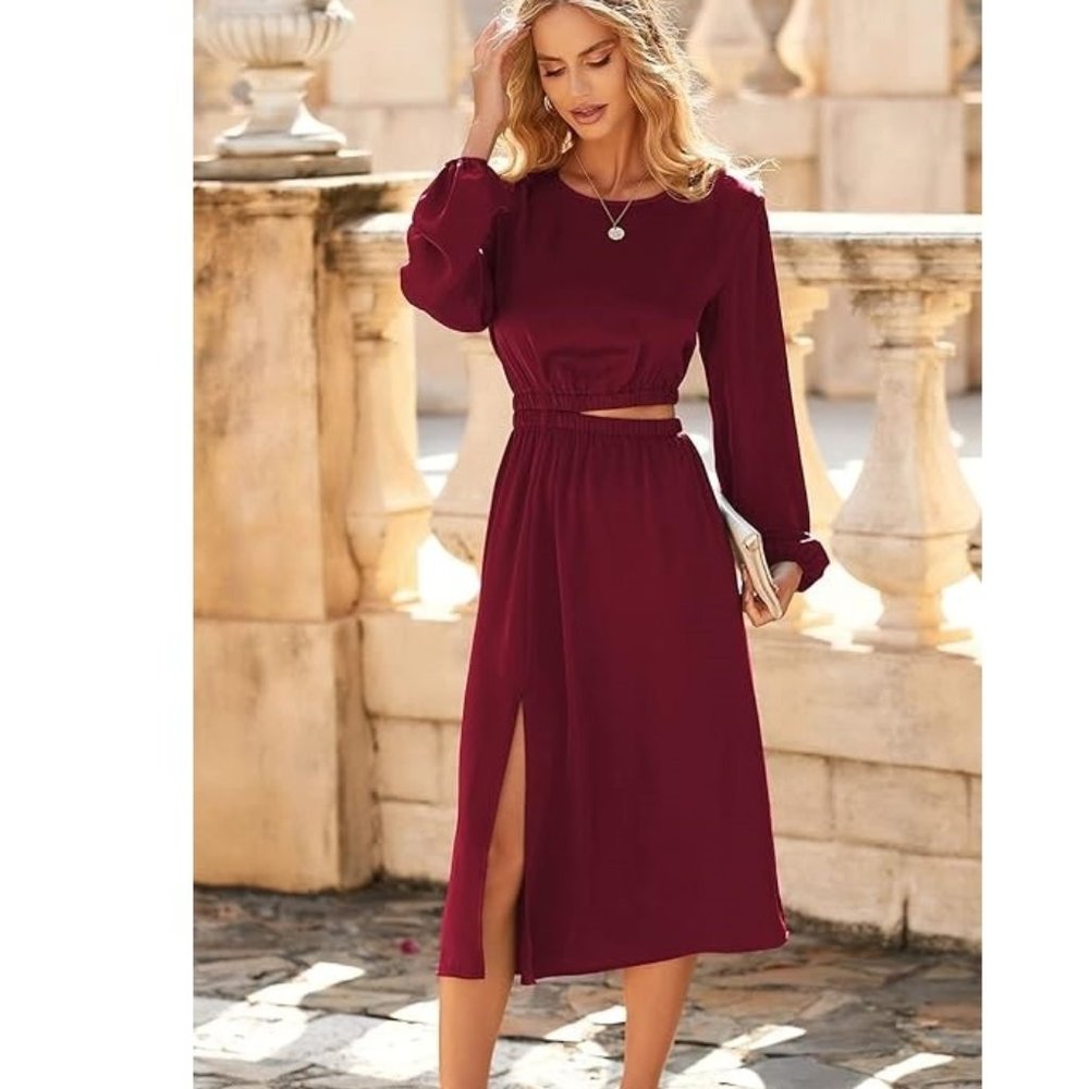 Women's Midi Satin Dress Casual Crewneck Long Lantern Sleeve Cut Out Flowy